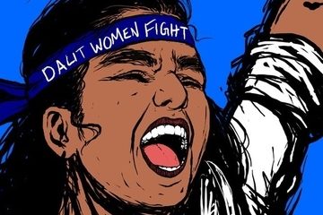 A woman in white, yelling with a fist raised in a blue background. She wears a blue band around her head saying, "Dalit women fight."