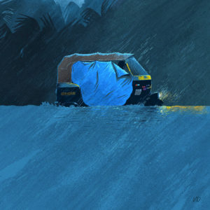sketch of an auto wading through floodwaters, as the rain lashes down. A dim headlight glows from it, and the silhouette of a driver can be seen through a part of the tarpaulin sheet that has been put up on the side of the auto to keep rainwater out. 