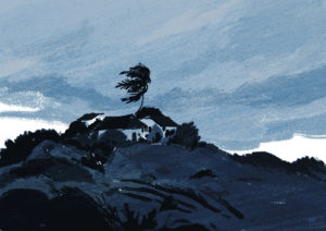 A sketch of some houses on a little hill as seen from afar, with one coconut tree standing tall. The wind blows strongly from right to left, blowing the leaves of the tree.