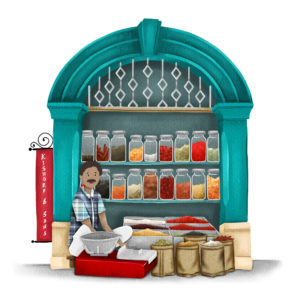 A sketch of a spice seller sitting outside his shop. Glss jars with many spices on display. The man sits in front on the floor, other gunny bag around him