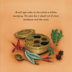 A spice box with 7 smaller boxes inside with spices in them. Other speices like chilli, curry eaves, etc strewn about outside. Text reads: "Annie's eyes widen as she notices a kitchen emergency. The spice box is almost out of cloves, cardamom and star anise"