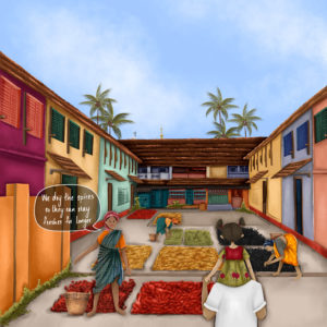 A sketch of colourful houses around a courtyard on which spices are being dried. Annie sits on Appoppan's shoulder facing the courtyard, away from the camera. A woman faces them and says "We dry the spices so they can stay fresh for longer"