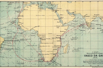 A world map with routes that Vasco da Gama took, marked out