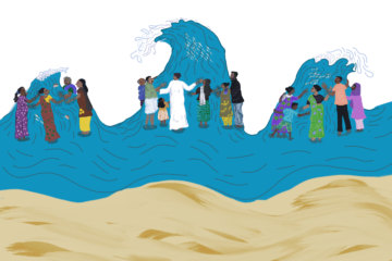 Illustration of groups of people holding hands and standing around waves in the beach