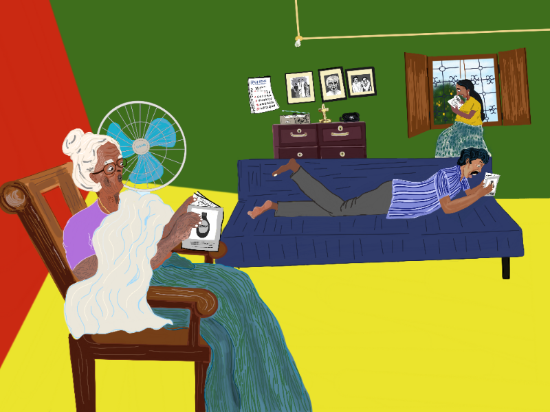 Illustration of family reading.