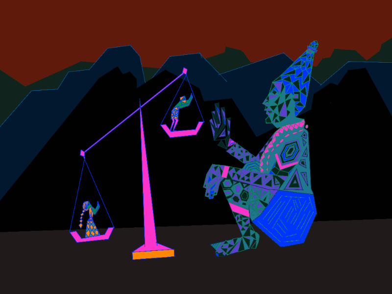 A digital illustration featuring the deity Ayyappan in side profile, facing a set of scales. On each scale is a figure of a devotee in supplication. The entire scene is rendered in psychedelic colours, set against a dark background of mountains.